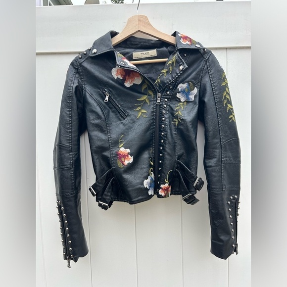Aftf Basic Outerwear The Francis Embroidered Women's Faux Leather Jacket Moto Sm - Picture 1 of 11